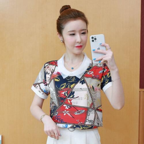 Womens Spring Summer Style Chiffon Blouses Shirt Womens Short Sleeve Diamonds Printed Casual O-neck Korean Tops SP225