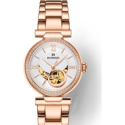 RUNOSD Rose gold ladies watch skeleton sun and moon mechanical movement ceramic bracelet sapphire Stylish and elegant 8325L