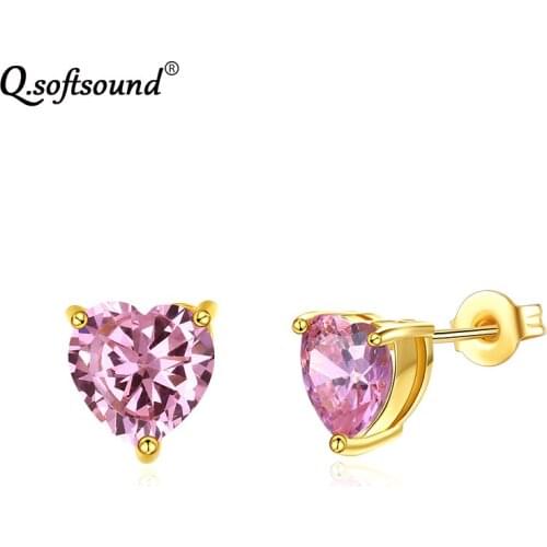 Heart Pink or Red 8mm AAA Zircon Stud Earrings For Women Fashion Gold Color Engagement Wedding Party Jewelry Accessories QE201A