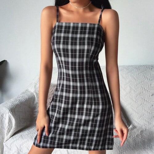 Women Spaghetti Strap plaid Dress Sexy Bodycon Mini Summer 2021 Sleeveless Backless Party Clubwear Dresses Black