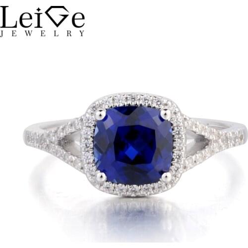 Leige Jewelry Engagement Ring Lab Blue Sapphire Ring 925 Sterling Silver Ring Cushion Cut Gemstone September Birthstone for Her