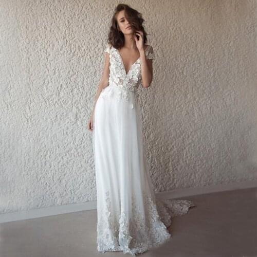 Sexy Deep V-neck Applique Flowers Crystal Wedding Dresses With Cap Sleeve Sweep Train Bride Dress vestido de novia sirena Boda