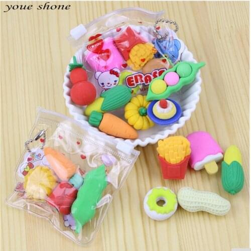 1 Sets Bags Elastic Cartoon Vegetables And Fruits Fries Hot Dog Modeling Rubber Material Escolar School Supplies