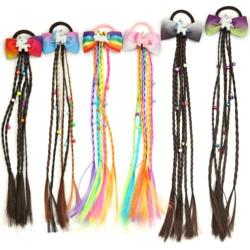 1 PC Children Wig Elastic Hair Bands Unicorn Rainbow Bows Design Girls Braids Hair Tie Twisted Sweet Kids Lovely Rubber Band