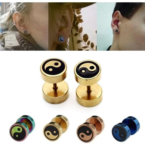 2pcs Barbell Stud Earring Fake Ear Plugs and Tunnels Stainless Steel Yin Yang Earrings Gauge Piercing for Men Body Jewelry Gifts