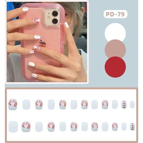 24pcs Fake Nails With Glue White Flame Printed Type Short Style Removable Fashion Manicure False Nails Press On With Designs DL