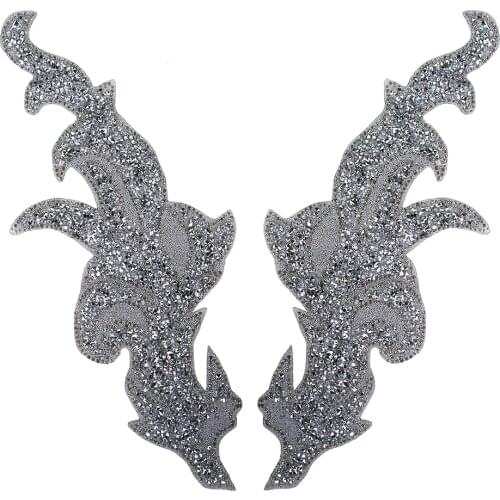 5pair Silver Beads Pair Applique Clear Crystal Hot Fix Motif Rhinestone Sticker Patches For Collar Clothes Decorated T2756