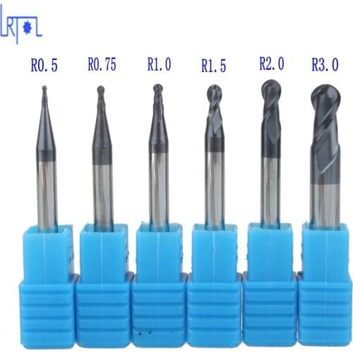 6PCS radius 0.5 0.75 1.0 1.5 2.0 3.0 mm HRC45 2 flutes Tungsten Carbide Ball Nose End Mill Set Milling Cutter for CNC Machine