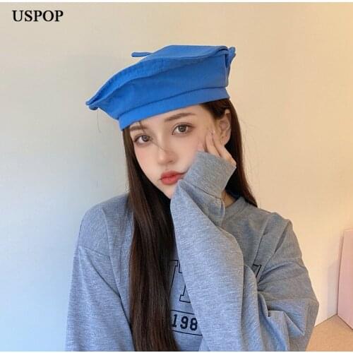 USPOP 2021 New Cotton Berets Womens Solid Color Autumn Hat Unisex Vintage Berets