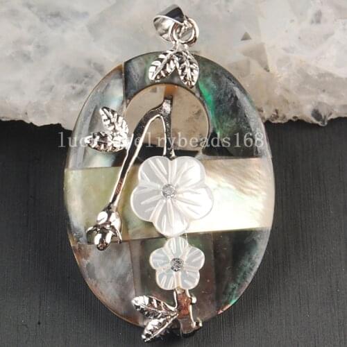 Free Shipping Women Fashion Jewelry 30x48mm Beatiful New Zealand Ablone Shell Oval Flower Pendant Bead 1pcs C3618