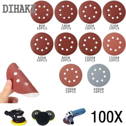 100pcs 5 Inch 125mm Round Sandpaper Eight Hole Disk Sand Sheets Grit 80-3000 Hook and Loop Sanding Disc Polish