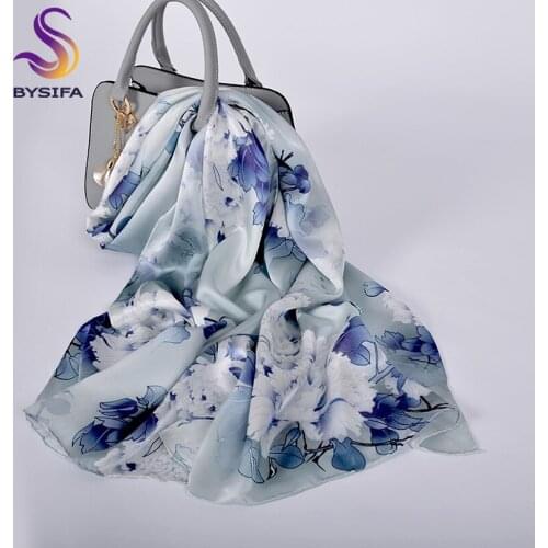 [BYSIFA] Pure Silk Silver Grey Scarves Chinese Style Peony Flower 100% Silk Long Scarf Shawl Fashion Spring Fall Neck Scarf Cape