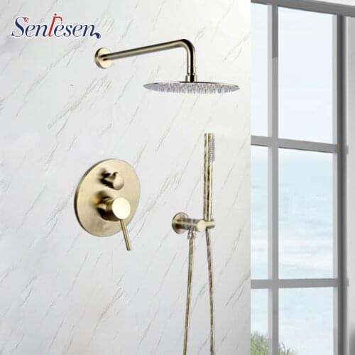 Senlesen Brushed Gold Rainfall Shower Set 10 inch Shower Head Antique Shower Full Copper in-wall Sprinkler