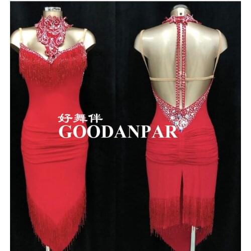 GOODANPAR Lycra Latin Dance Competition Dress Women with bodysuit bra cups Salsa Sexy Samba Stage Dance Wear Sleeveless red