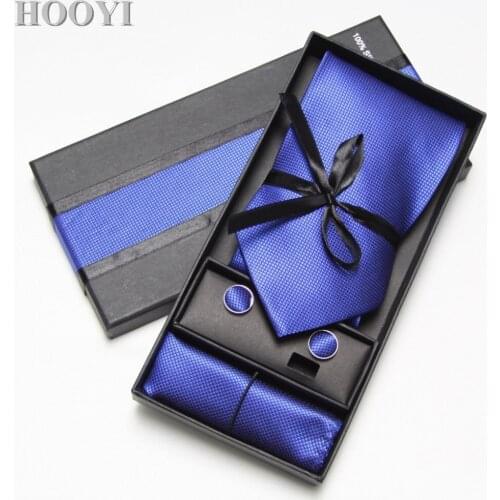 HOOYI 2019 ties for men Wide Tie Set cufflinks Pocket Handkerchief Polyester Solid Necktie Wedding Gift Box Package 10 colors