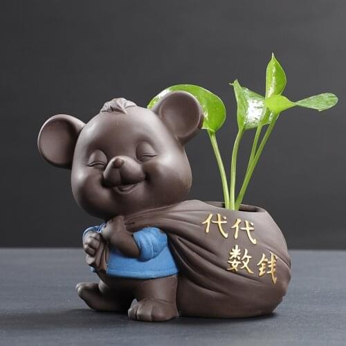 Ceramic Pig Tea Pet Ornaments Small Buddha Statue Monk Figurine Desktop Flower Pot Hydroponic Plant Decoration Tea Accessories