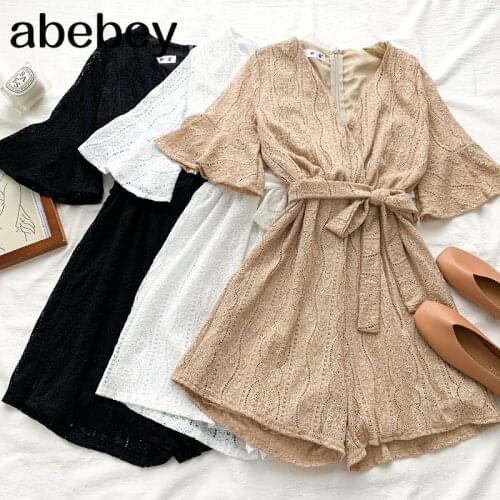 2021 New Summer Fashion All-match V-neck flared sleeve Rompers waist strap lace casual short Rompers