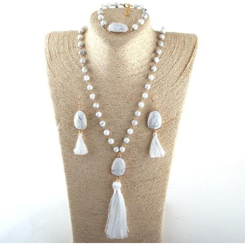 MOODPC Fashion Jewelry Set Natural Stone Rosary Chain Stone Link Tassel Necklace Bracelet Earring set