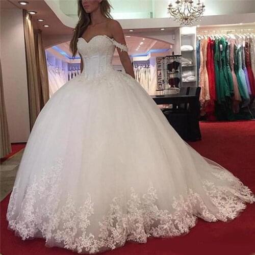 Off Shoulder Lace Ball Gown Wedding Dresses Vintage Sweetheart Beaded White Tulle Custom Made Wedding Gown Corset Backless Brida