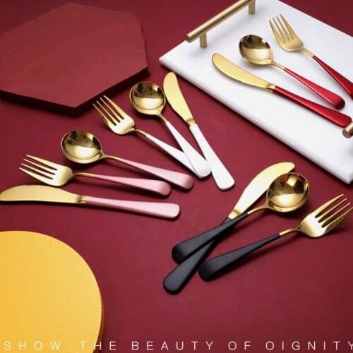 Hot net round red spoon Black gold plated stainless steel tableware for dinner fork spoon knife 4pcs set Gift box