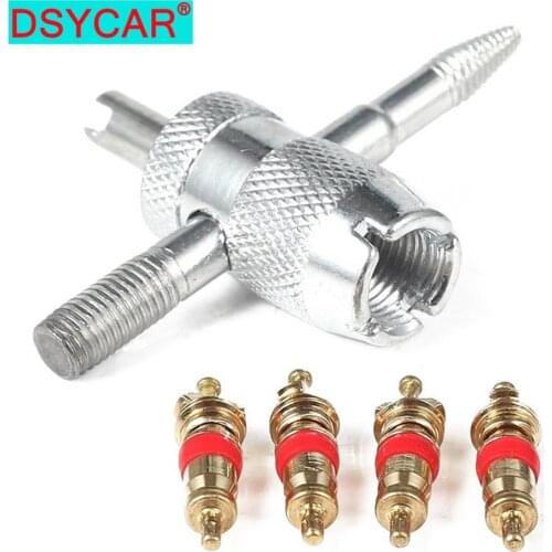 DSYCAR 1Set Copper Valve Core with 5-in-1 Tire Valve Stem Removal Tool Tire Repair & Valve Core Removal Tool Tire Cleaning Tool