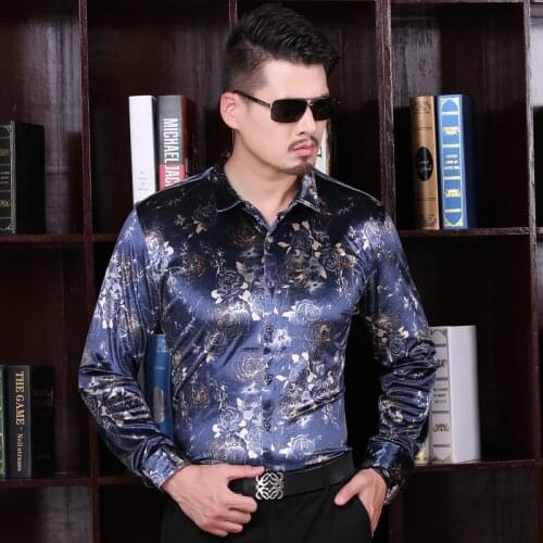 Mens Soft Shirt Autumn New Casual Male Floral Shirt Fashion Long Sleeve Gold Velvet Dress
