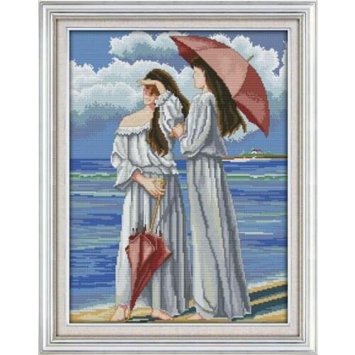 The beauty girls in the seaside cross stitch kit print canvas hand sew cross-stitching embroidery DIY handmade needlework