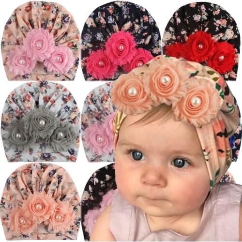 Nishine New Bohemian Style Printed Flower Indian Baby Hat Cotton Blend Newborn Infant Kids Girls Turban Shabby Flower Beanie Hat
