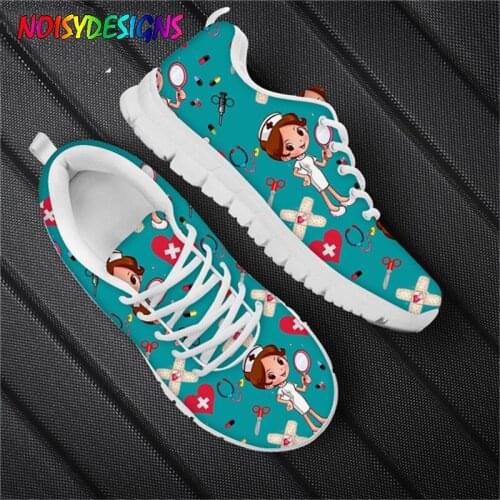 NOISYDESIGNS Blue Cartoon Nurse Pattern Breathable Outdoor Sneakers for Women Light Mesh Running Shoes Flats Shoes Zapatos Mujer