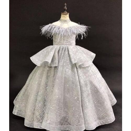 Luxury Girl Pageant Dresses Sheer Neckline Feather Sequins Ball Gown Elegant Girls Birthday Party Gown