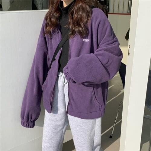 Women Plus Velvet Harajuku Hoodies Zip-Up Turn-Down Collar Pocket Long Sleeve Sweatshirts Casual Korean Style Bf Ulzzang Jackets