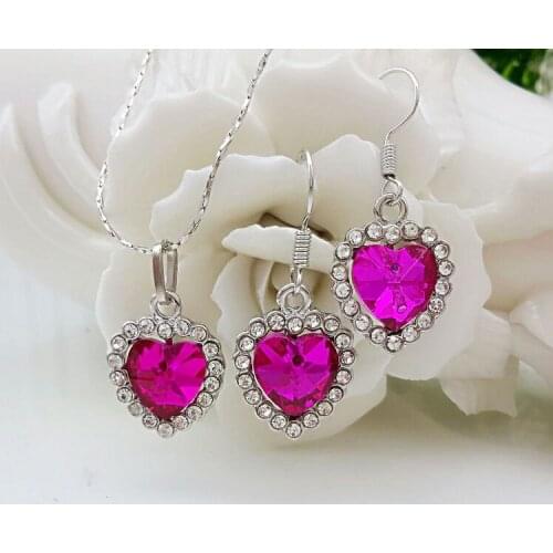 QiLeSen Fine jewelry 925 sterling silver suitable for ladies wedding set, Love crystal fuchsia Necklace Earring Set YW153