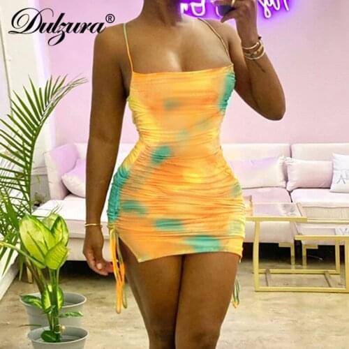 Dulzura tie dye drawstring ruched strap women dress bodycon backless sexy party elegant 2020 summer clothes club outfit slim