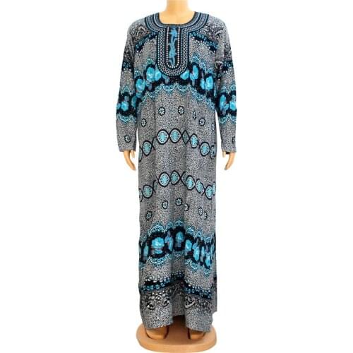 Floral Print Ethnic Style Long Sleeve African Dresses Embroidery Blue Loose Spring Autumn Women Maxi Dress
