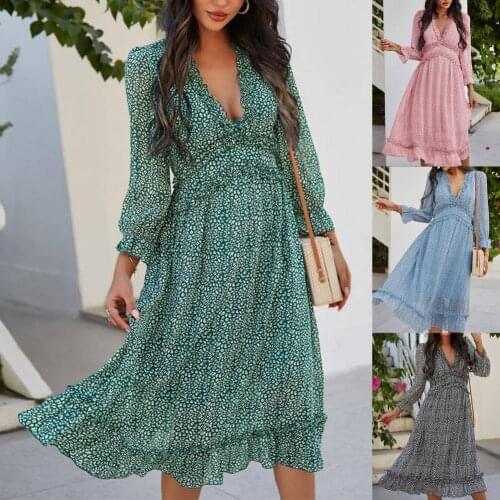 Women Dress Small Leopard Print Ruffle Leisure Lacework V Neck Lantern Sleeve Dress for Beach Dress Female Sexy Party Clothes