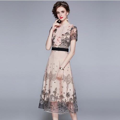 Vintage Mesh Flowers Embroidery Dress Women O-Neck Short Sleeve Ruffles Summer Dresses Female 2021 New Fashion Clothing