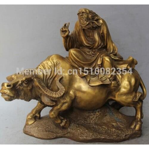 13" Chinese Bronze Carved Taoism Lao Tzu LaoZi On Bull Oxen Ox Animal Sculpture