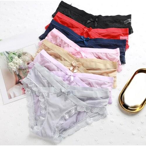 2Pcs Women Sexy Solid Color Lace Trim Bow Decor Low Waist Ultrathin Elastic Briefs