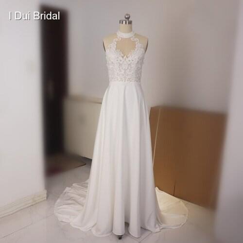 Halter A Line Wedding Dress Satin Lace Appliqued Beaded Bridsal Gown with Pockets Button Back