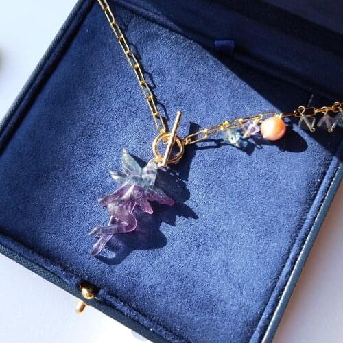 Lii Ji Fluorite Pendant 925 Sterling Silver Gold Plated Square Chain Link Asymmetry Necklace 50cm