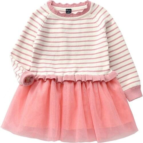 Kids Dresses For Girls Mesh Spliced Sweater-dress Childrens Pullover Toddler Winter Fall Outfit