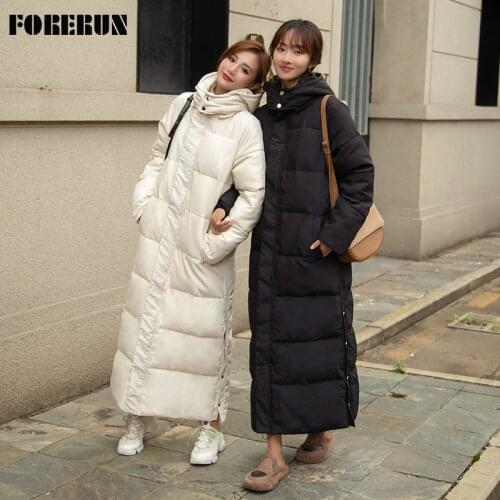FORERUN Extra Long Coat Women Hooded Bubble Coat Elegant Cotton Padded Warm Parka 2021 Solid Winter Clothes Outwear