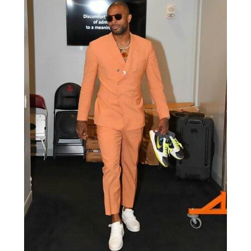 Coral Beach Wedding Tuxedos Double Breasted Mens Groom Suits Notched Lapel Slim Fit Prom Party Blazer Jacket(jacket+pants)