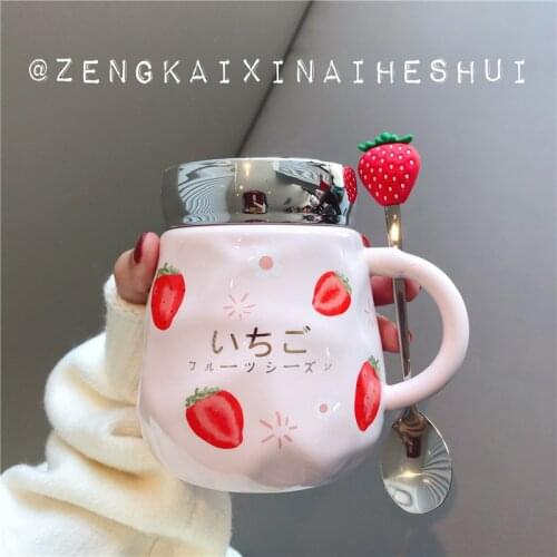 Cute Ceramic Coffee Mug with Lid and Spoon Cartoon Strawberry Water Cup Girl Student Office Milk Tea Mug Creative Birthday Gifts
