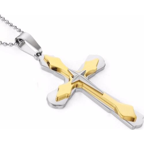 Mens Stainless Steel Beads Chain Cross Necklace Gold Silver Color Vintage 3 Layers Pendant Necklaces NZ014