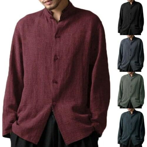 Mens Stand Collar Cotton Linen Shirt Casual Long Sleeve Shirts Tops Tees A9
