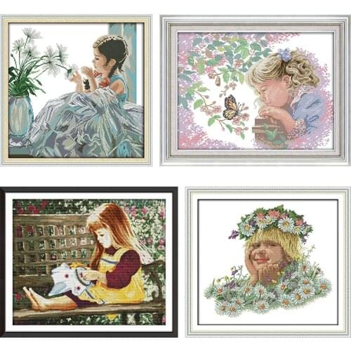 Joy Sunday Stamped Flower Girl Cross-Stitch Kits 11CT 14CT Printed Counted Patterns Crafts Decoration Embroidery Needlework Sets