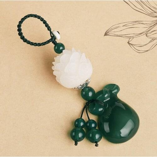 Natural Chalcedony Lucky Fortune Bag Pendant Handmade Carved Lotus Keychains Key Ring Key Holder for Women Car Bags Accessories
