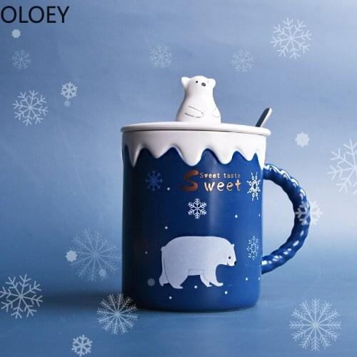 New Cartoon Ceramic Coffee Mugs Lovely Couple Nordic Milk Coffee Tea Cup Christmas Coffee Mug with Lid and Spoon Milk Cat Bear