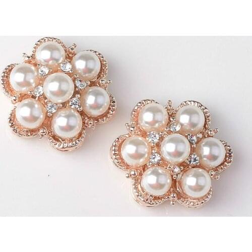 New 10pcs Metal Buttons 21*24mm Bling Rhinestone Flower Flatback Pearl Buttons Ornaments Diy Wedding Appliques Craft